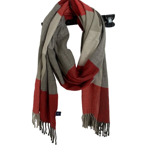 GAP Scarf Fringe Bold Check Red Gray Flannel 76 x 24" Adult Cozy Lightweight 700 - Picture 1 of 10